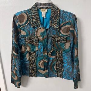 Vintage Sandy Starkman Cropped Patchwork Jacket Boho Teal Paisley Animal Print M